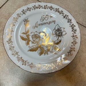 Gold and White 50th Anniversary Decorative Plate Cake Stand